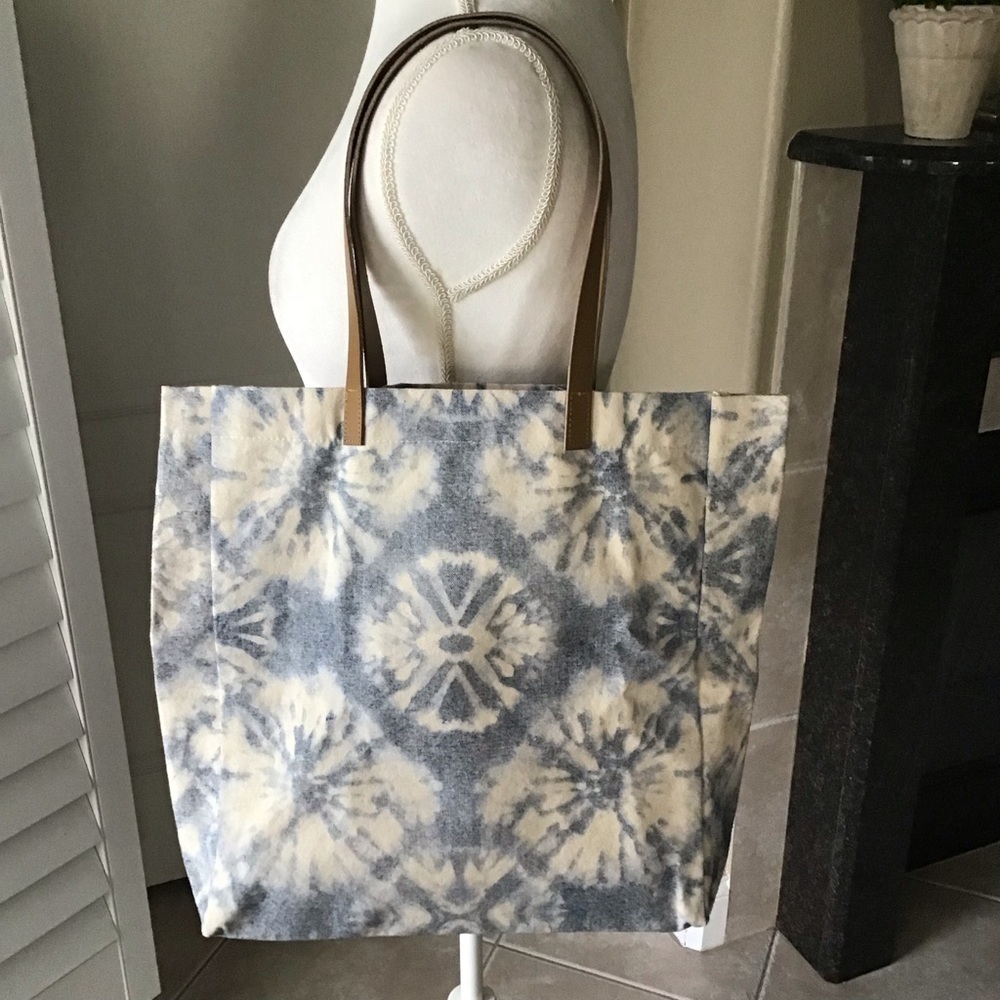 Canvas Tote Bag Shopper Purse Blue Tie Dye Look Boho with Pocket 100% Cotton NEW